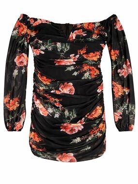 Guess Black Floral Off-Shoulder Ruched Mini Dress